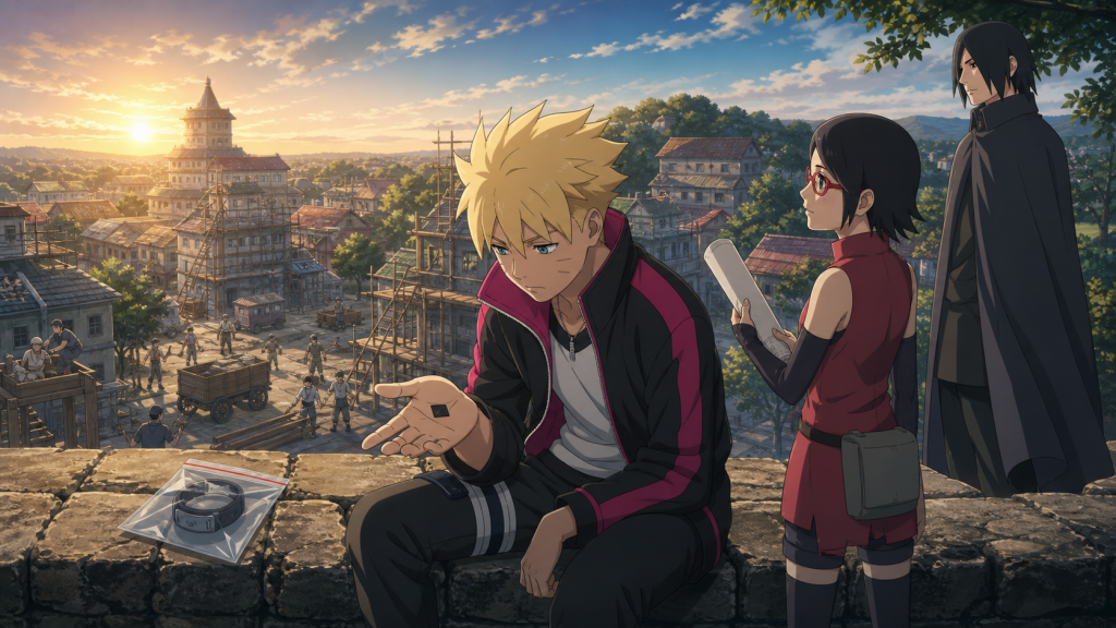 Boruto studies the new mark on his hand while Konoha rebuilds in Episode 66