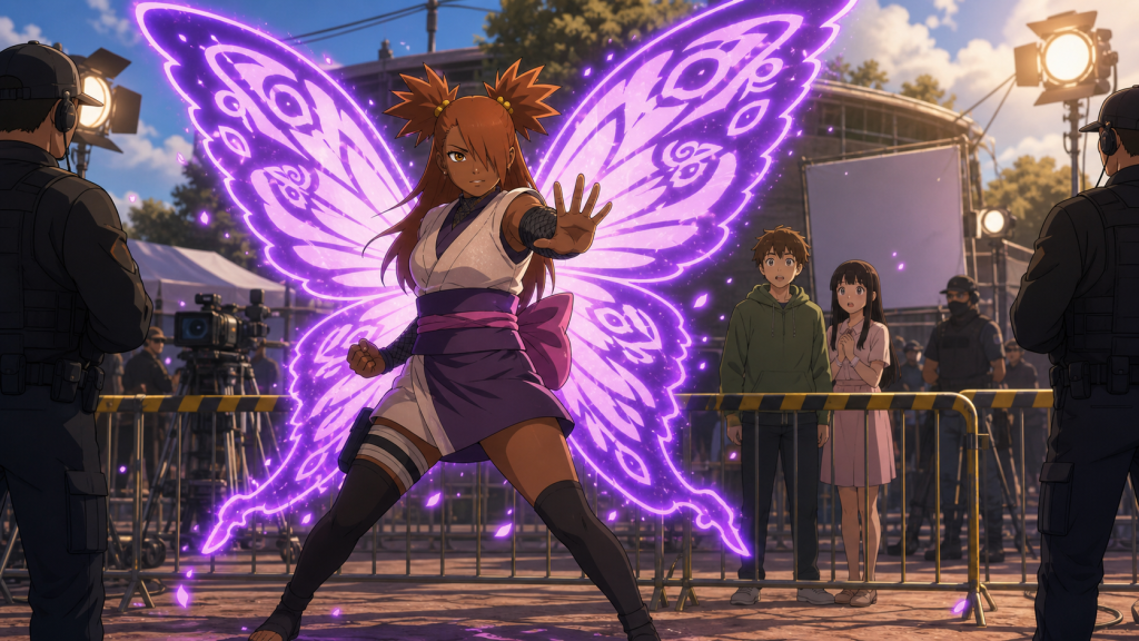 Chocho activates Butterfly Mode while guarding actors Tomaru and Ashina in Boruto Episode 67