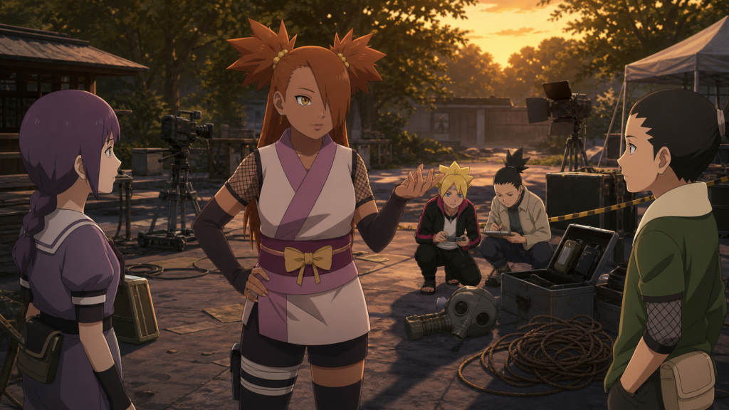 Chocho confronts Tomaru and Ashina during the staged kidnapping case in Boruto Episode 69