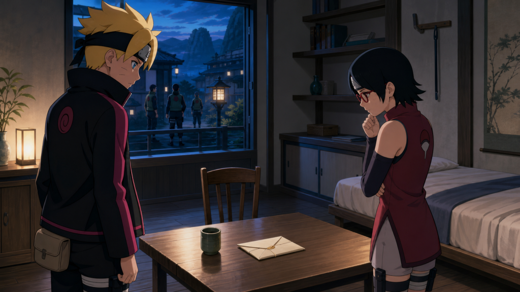 Boruto and Sarada investigate Mitsukis empty home during the Konoha lockdown in Episode 72
