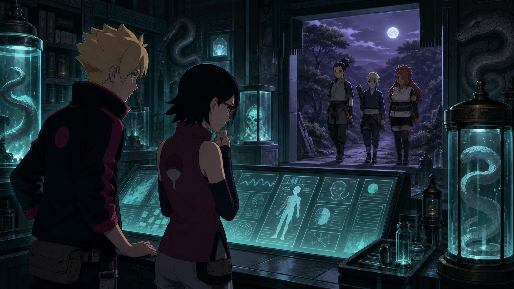 Boruto and Sarada enter Orochimaru’s laboratory seeking information about Mitsuki in Episode 73