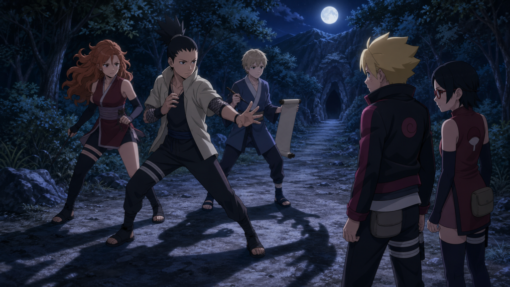 Team 10 intercepts Boruto and Sarada on the road to Ryūchi Cave in Boruto Episode 74