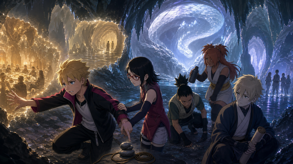 Boruto and his group face illusion trials inside Ryuchi Cave in Episode 75