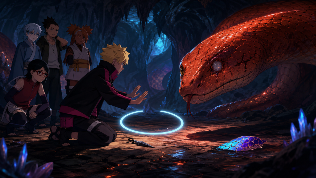 Boruto proposes a temporary summoning contract to the wounded Garaga in Episode 77