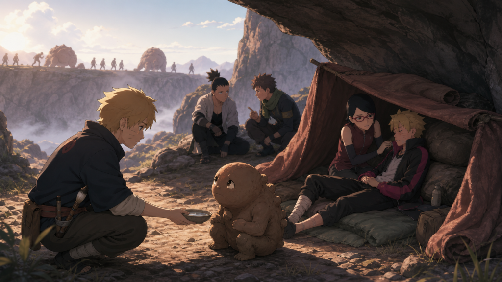 Inojin shelters a small Akuta while injured Boruto rests near the Land of Earth in Episode 81