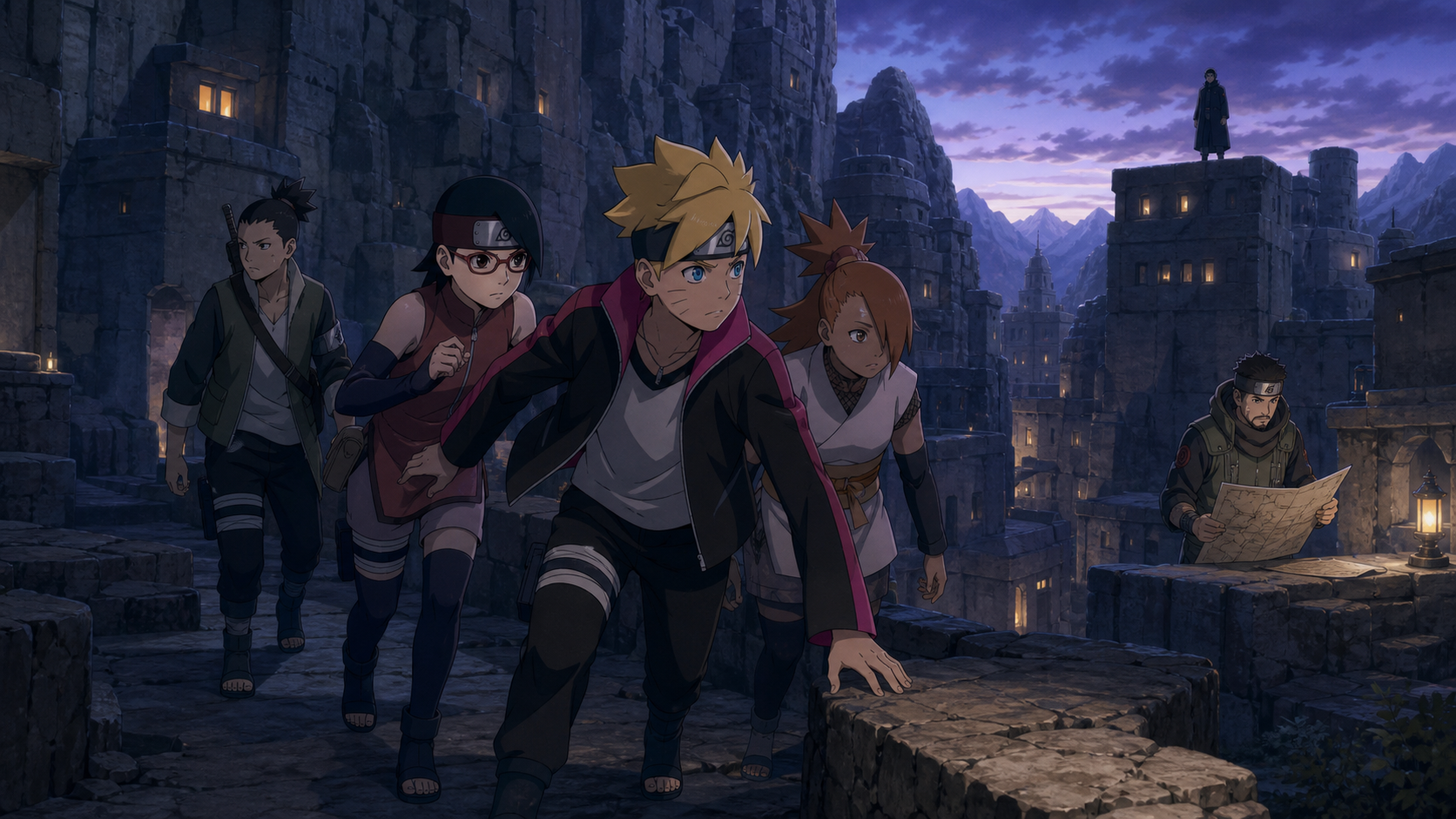 Boruto and Sarada enter the Hidden Stone while Konohamaru prepares a search in Episode 82