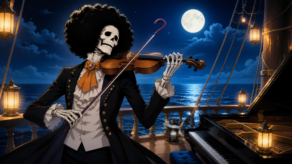 Brook performs violin beneath the moon on the ship music deck