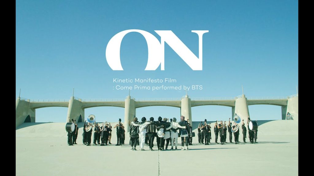 BTS, dancers and drummers performing in the exact ON Kinetic Manifesto Film