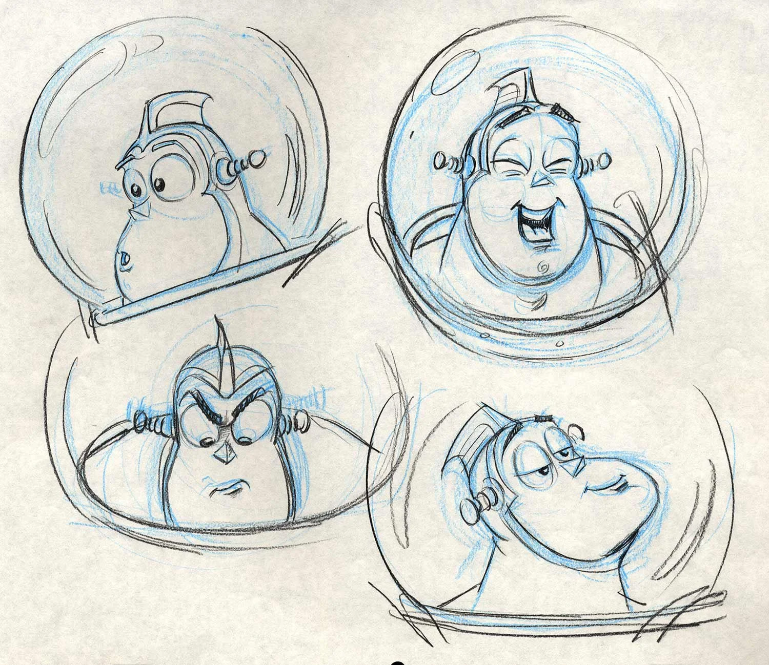 Early Pixar pencil studies exploring several Buzz Lightyear facial expressions