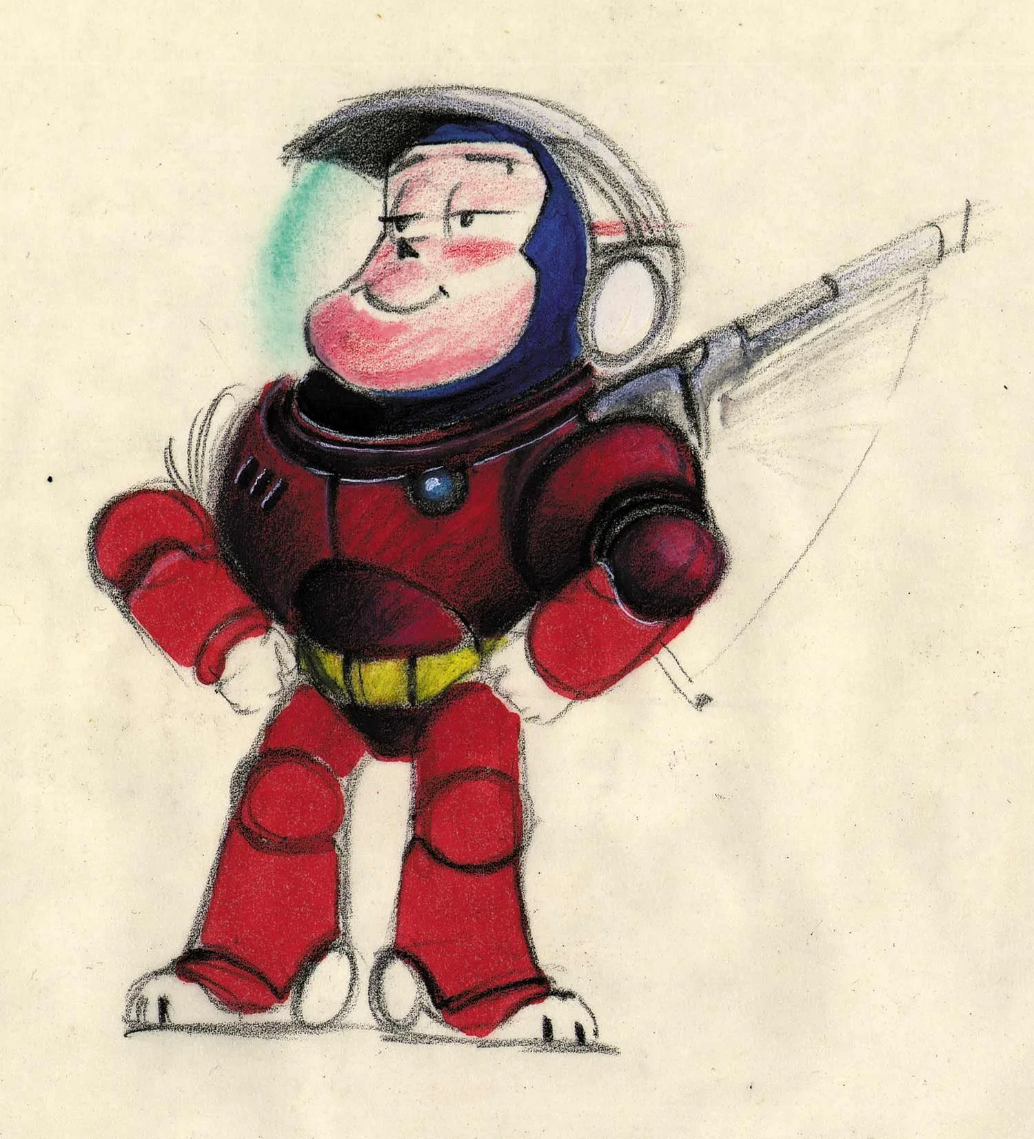 Early Pixar color drawing of Buzz Lightyear in a red space suit