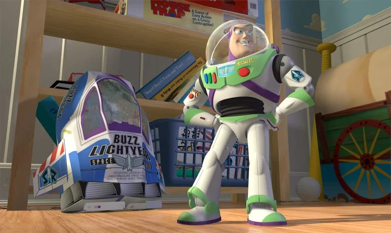 Buzz Lightyear standing beside his original spaceship packaging in Toy Story