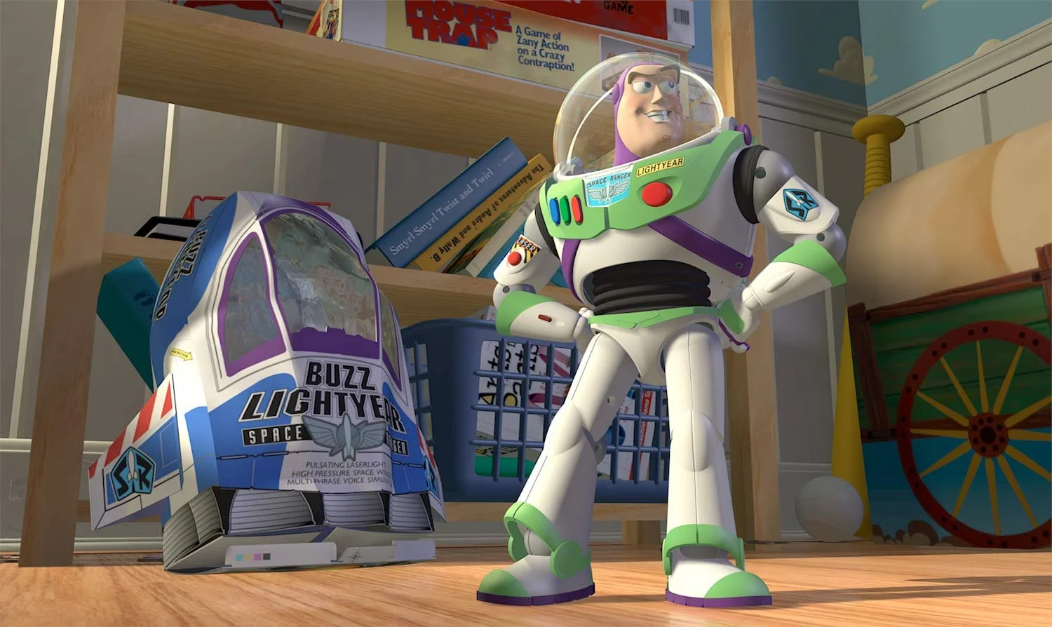 Buzz Lightyear standing beside his original spaceship packaging in Toy Story