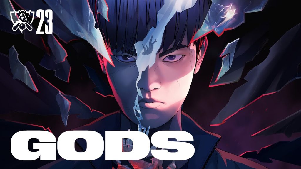Animated Deft and NewJeans imagery in the GODS Worlds 2023 anthem video.