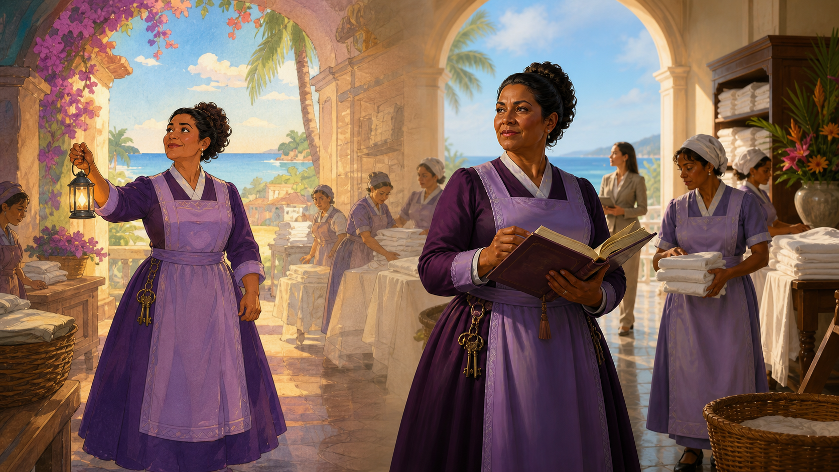 Original fan art comparing two eras of a coastal palace household leader