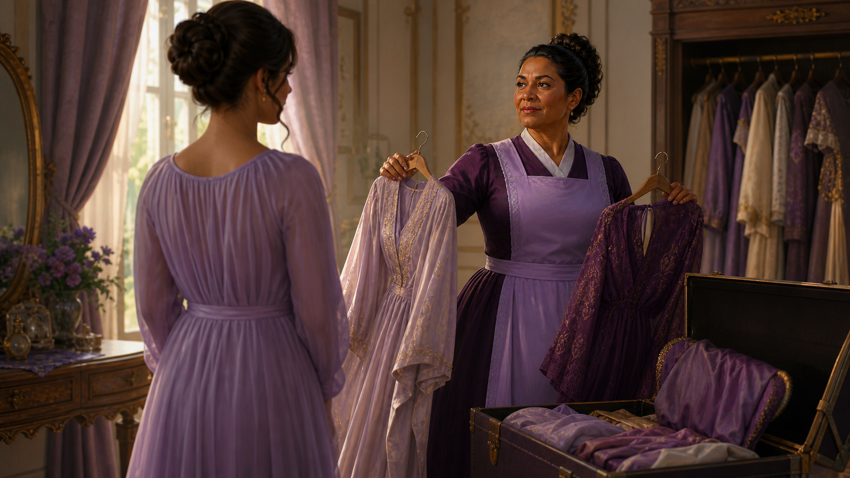 Original fan art of a chief housekeeper offering a silent guest several clothing options
