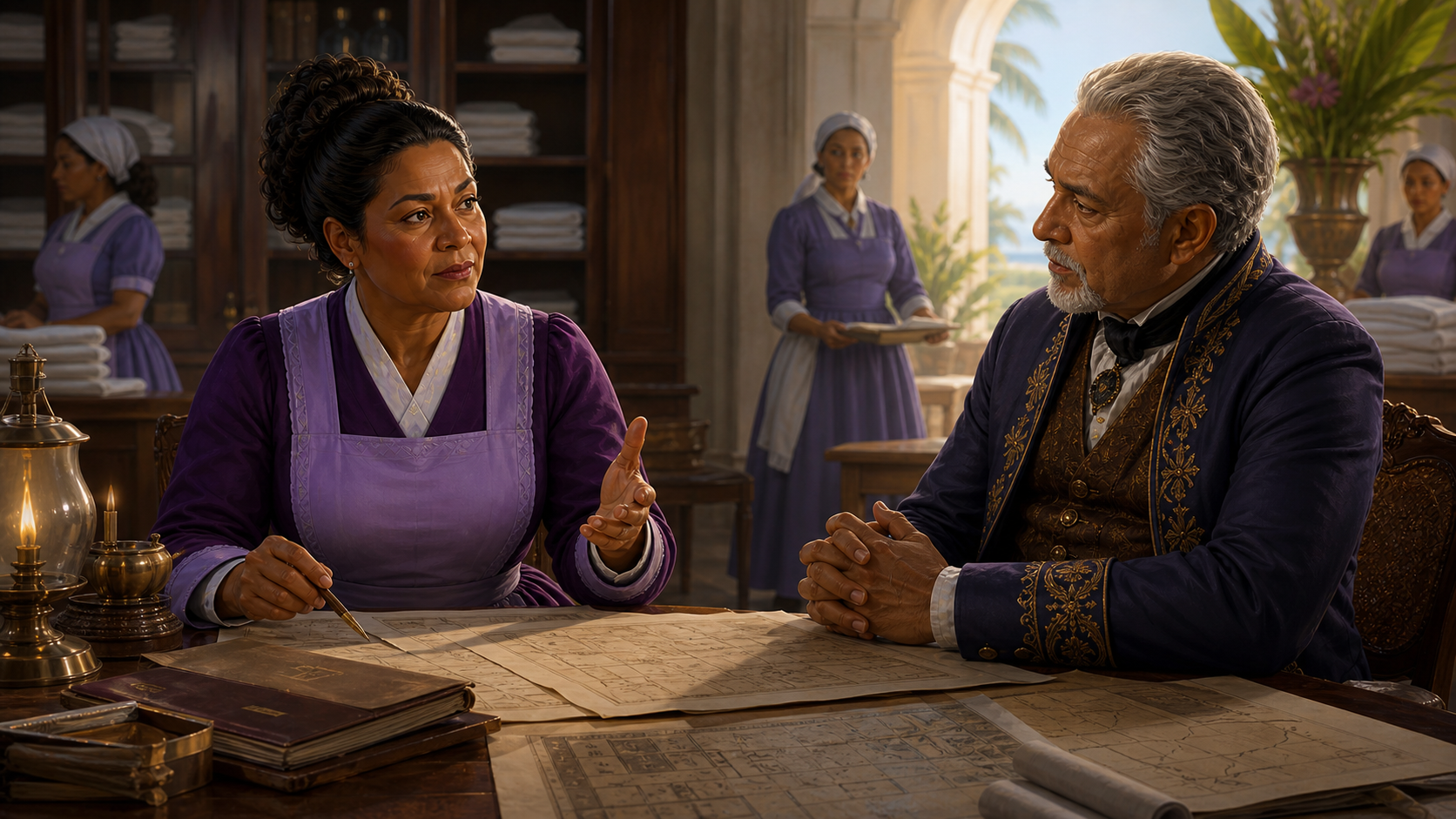 Original fan art of a chief housekeeper and senior adviser comparing household and security maps