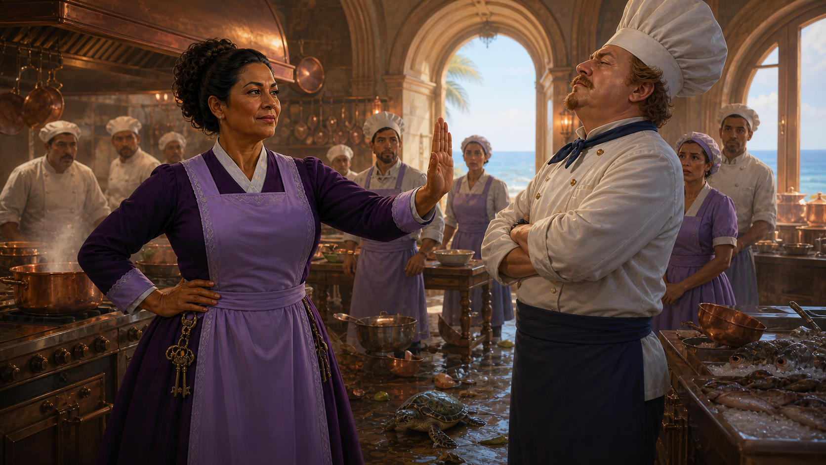 Original fan art of a chief housekeeper holding an arrogant chef accountable after kitchen chaos