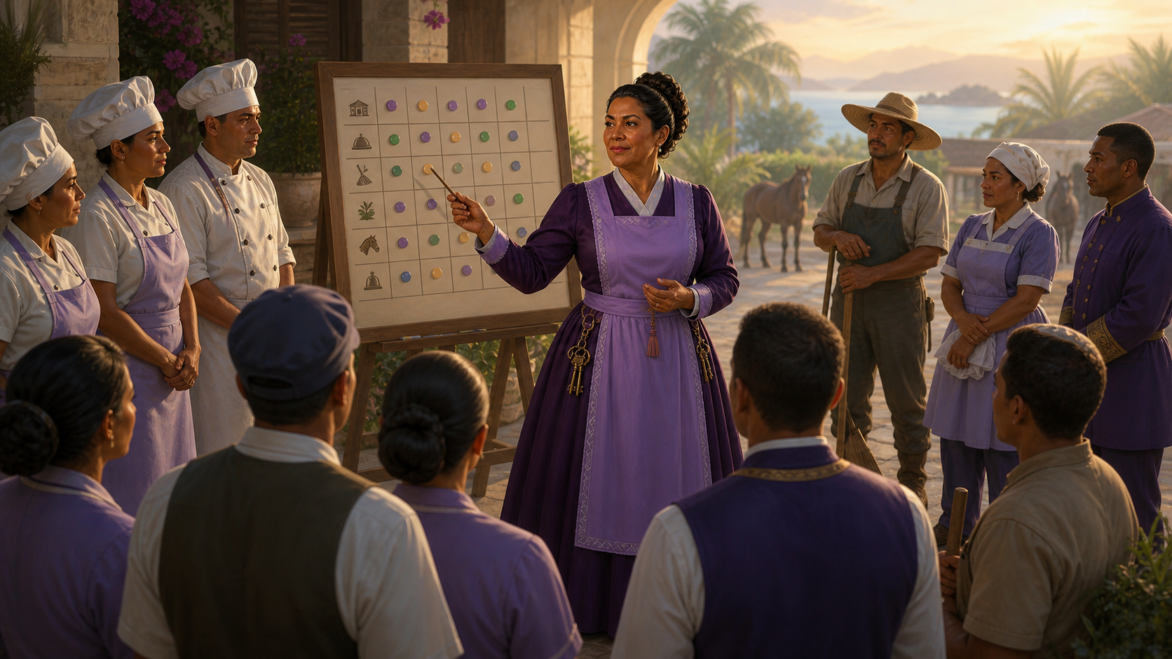 Original fan art of a chief housekeeper leading cooks, cleaners, gardeners, and stable workers
