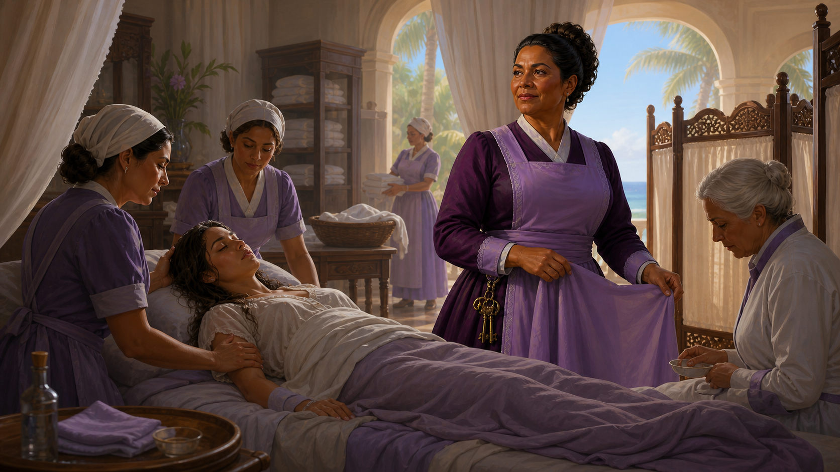 Original fan art of a chief housekeeper coordinating care for an unconscious rescued woman