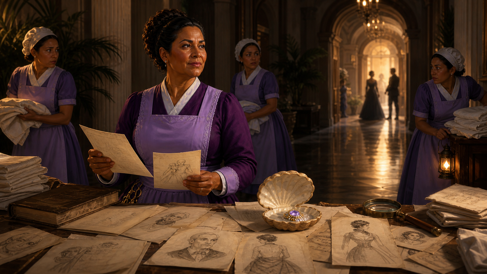 Original fan art of a chief housekeeper comparing witness accounts and a shell jewel