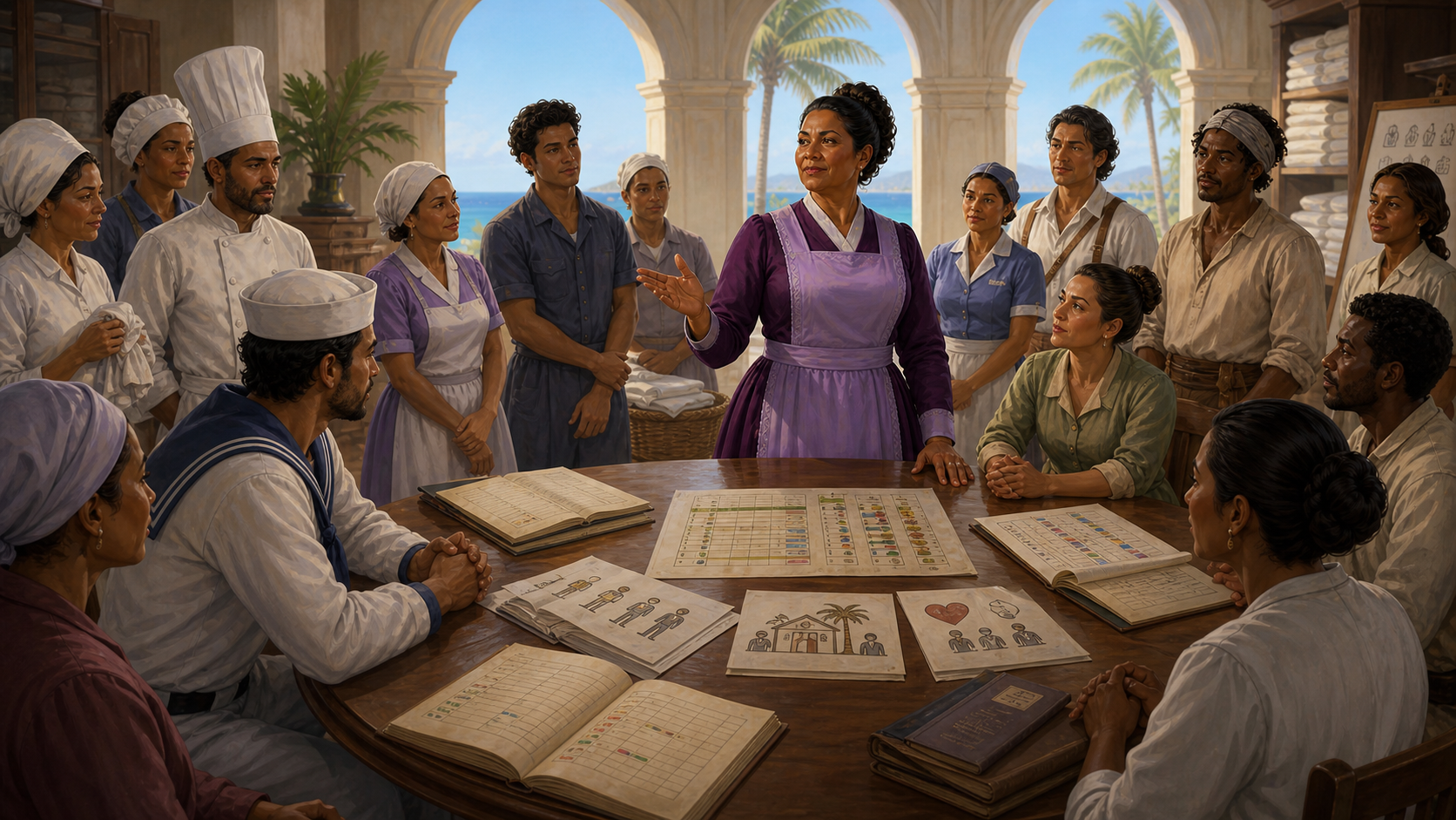 Original fan art of a chief housekeeper convening a palace workers council