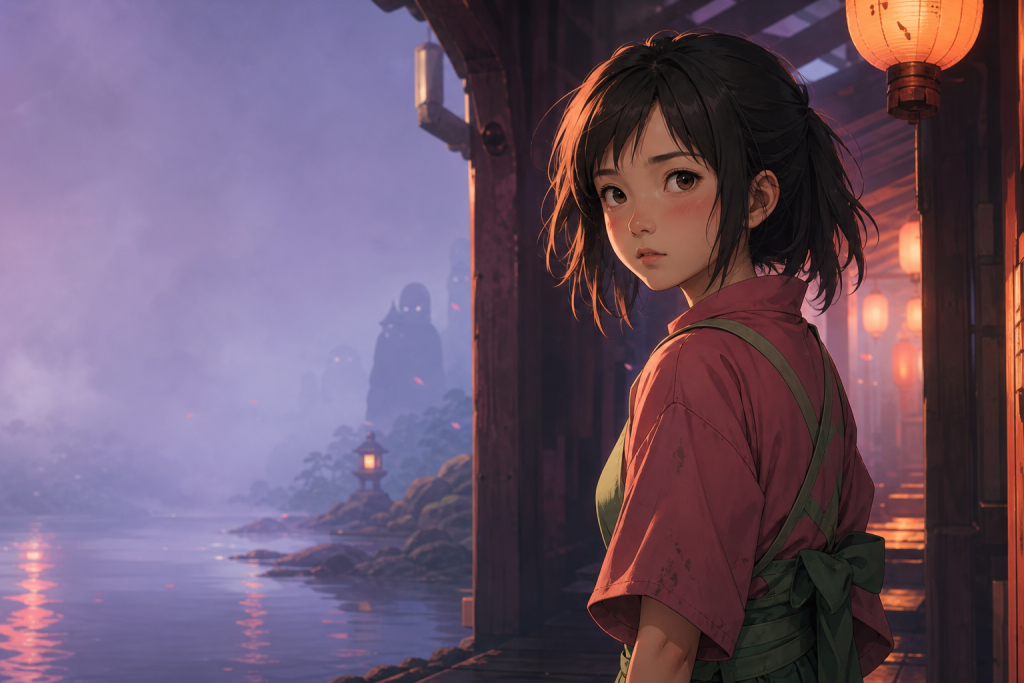 Chihiro Ogino standing beside a lantern-lit spirit bathhouse in original fan art