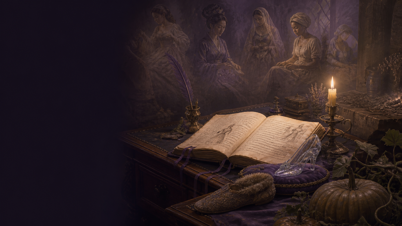 cinderella-folklore-history-guide-original-art.png Cinderella Folklore History Guide Original Art Original CVM Sekai art of a Cinderella folklore manuscript with glass and fur slippers Original CVM Sekai art for the Cinderella folklore history guide.[2]