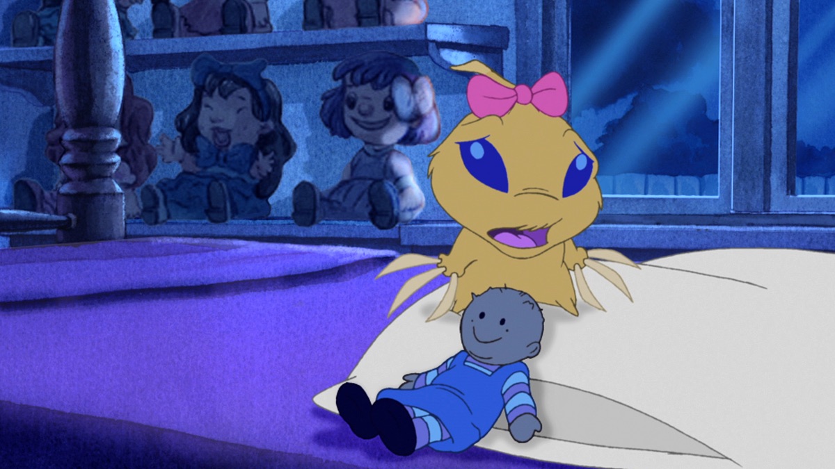 Official episode still of Clip, Experiment 177, holding a doll inside a bedroom at night