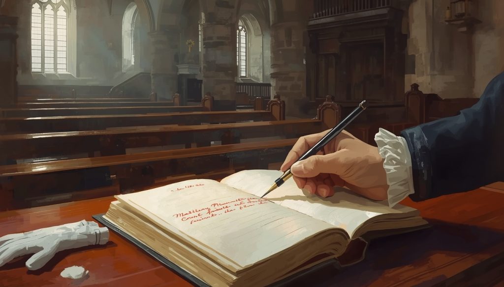 Original fan art of a marriage register in an empty church