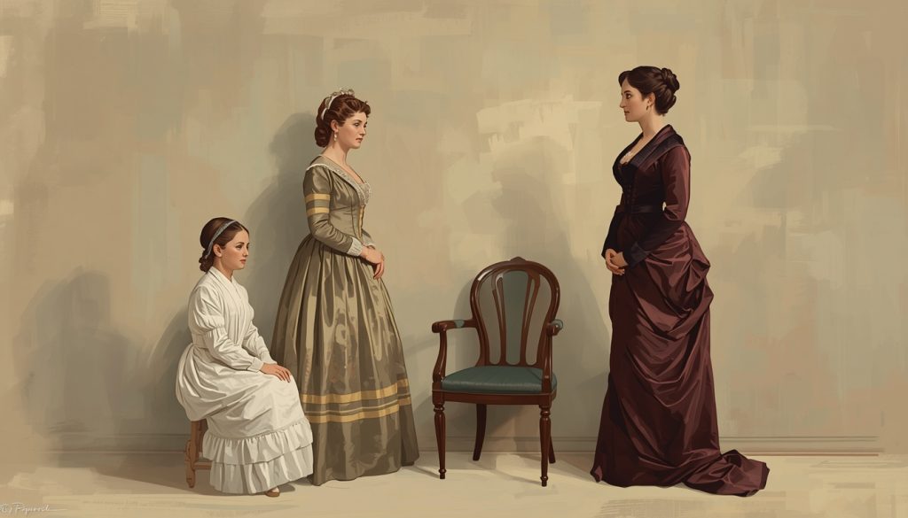 Original fan art of a debutante, a wife and a widow standing in a row