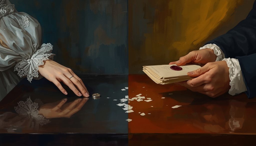 Original fan art of a wedding ring set down beside an annulment document, split by light