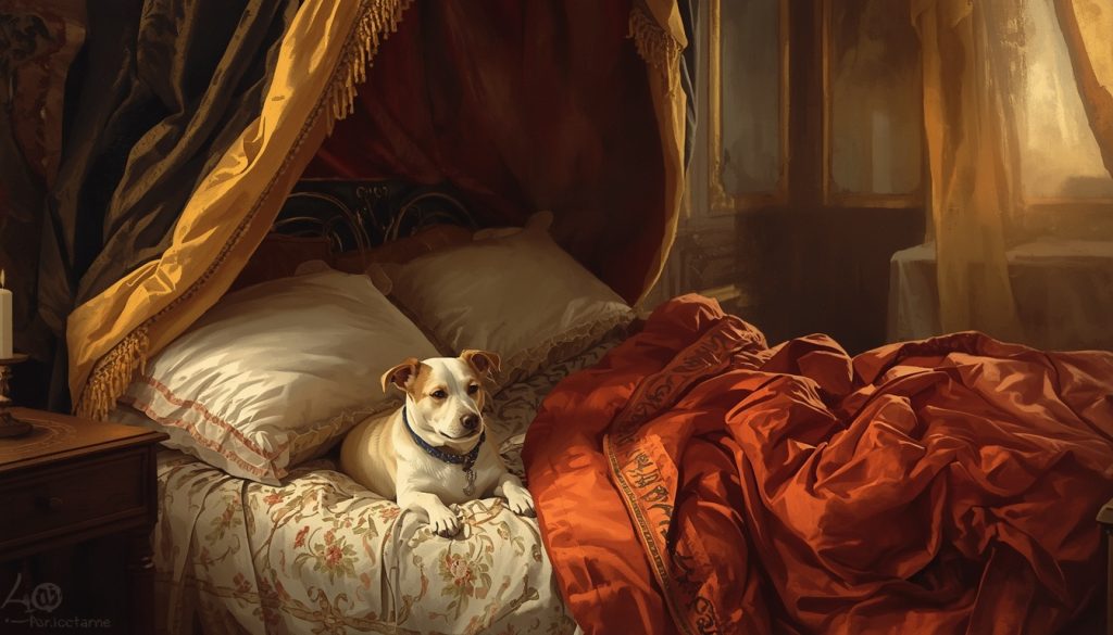 Original fan art of Arthur the dog on a Regency bed