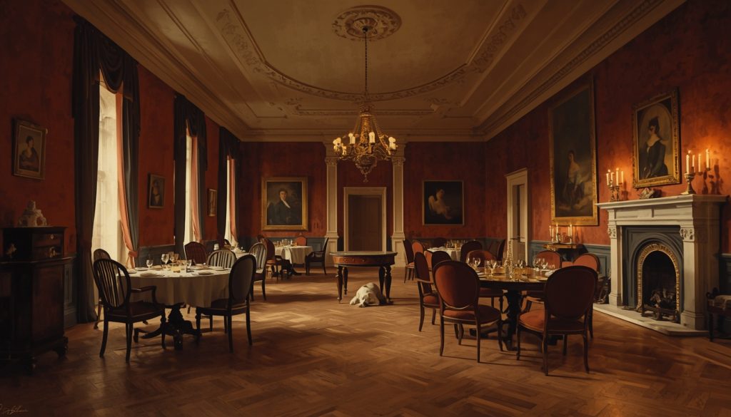 Original fan art of an empty drawing room set for a gathering