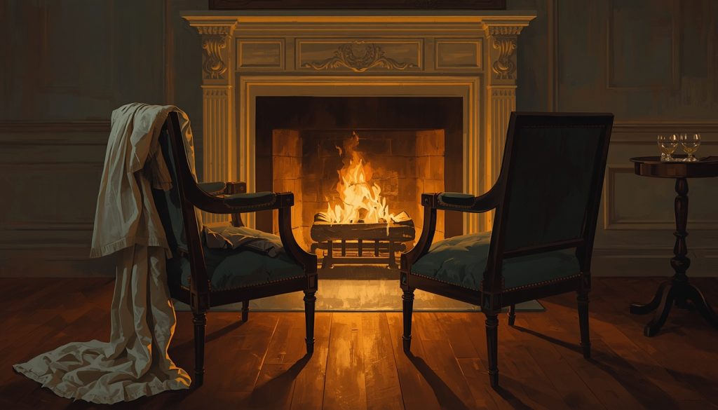 Original fan art of two chairs drawn close before a dying fire with a shawl and gloves left behind