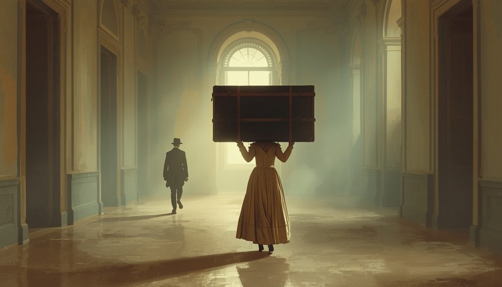 Original fan art of a woman carrying an enormous trunk alone while another figure walks away