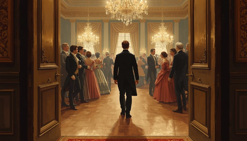 Original fan art of a man alone in a ballroom doorway as several men turn to look at him