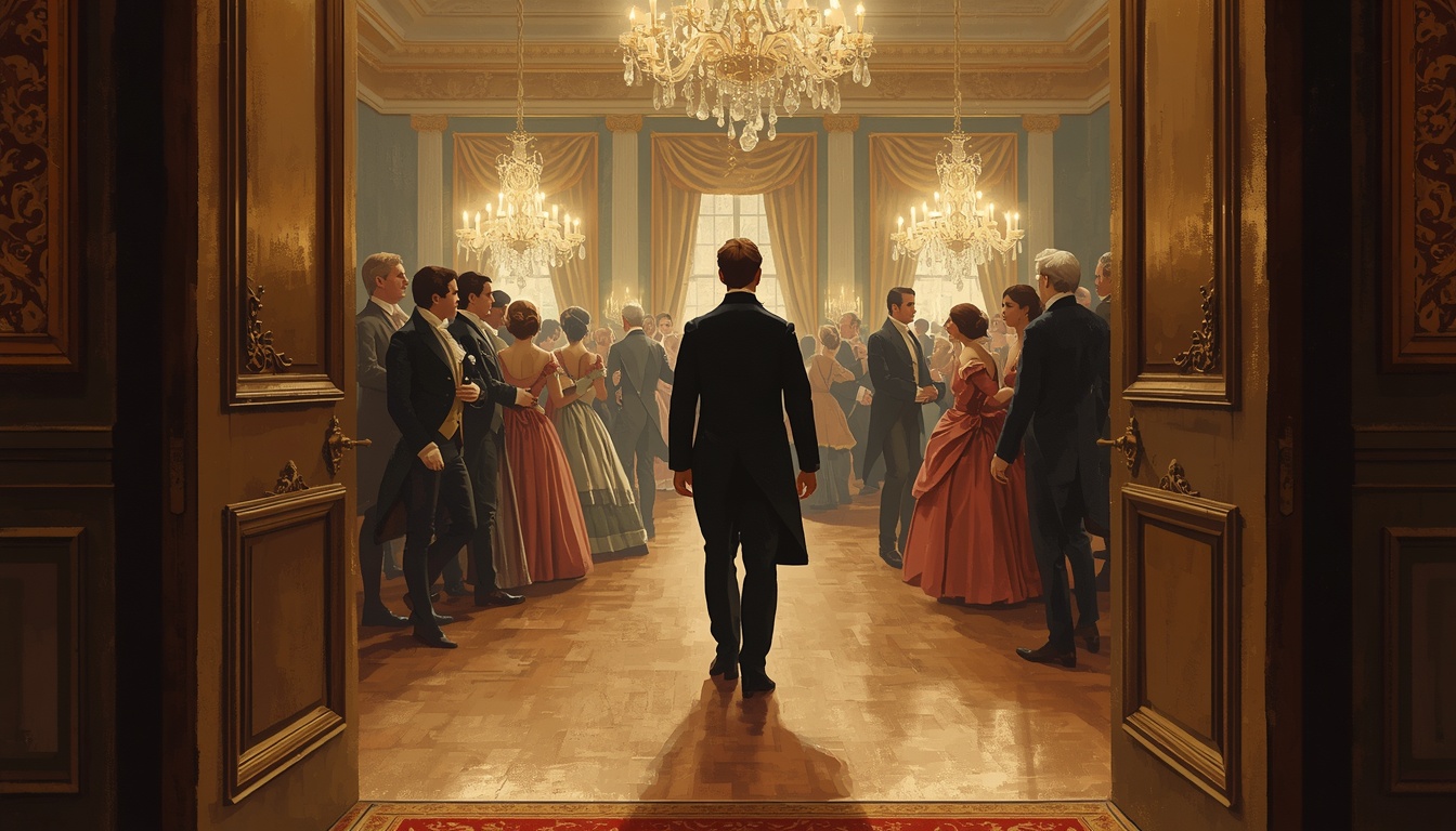 A man alone in a blazing ballroom doorway as several men turn to look at him