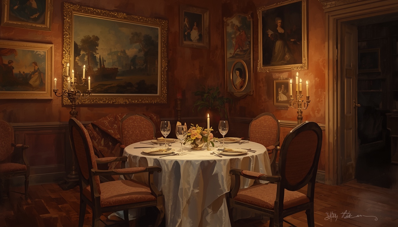 An intimate candlelit supper for two beneath crowded walls of paintings