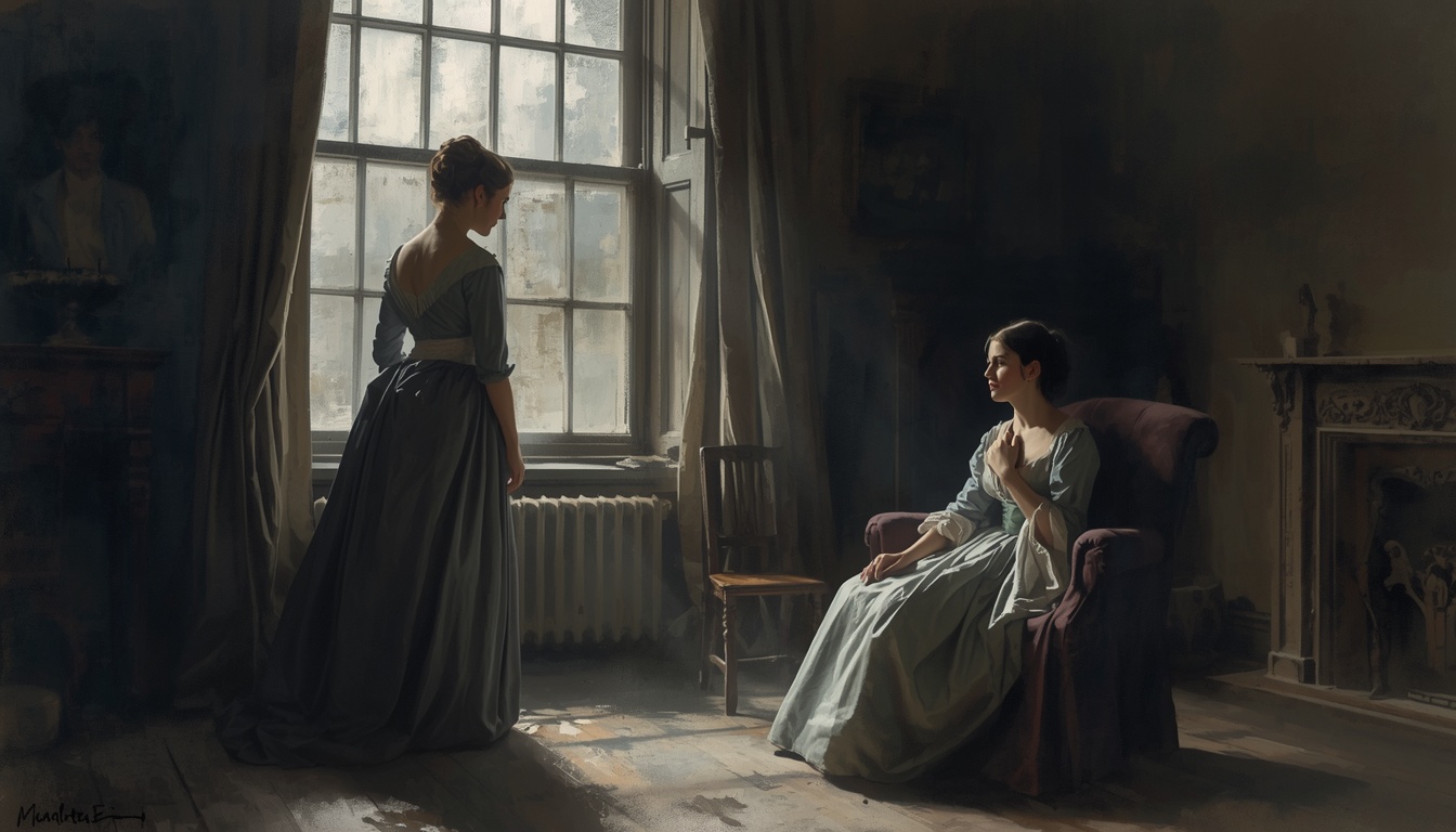 Two women in a cold unlit room, one turned to the window