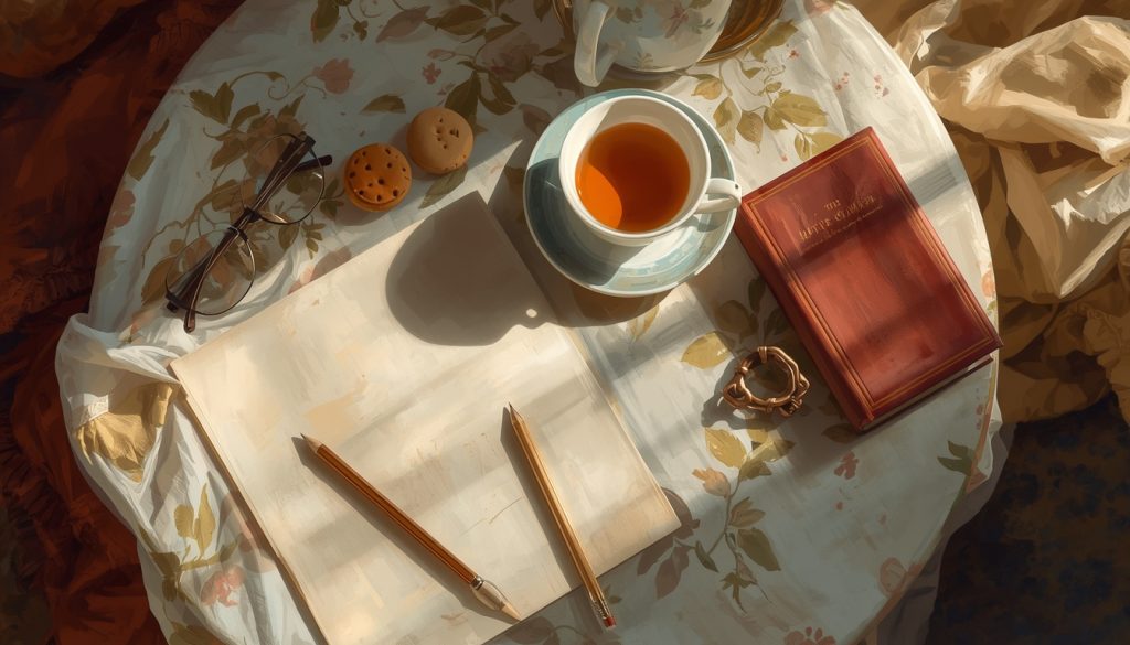 Original fan art of a tea table set for one with a finished novel and a notebook