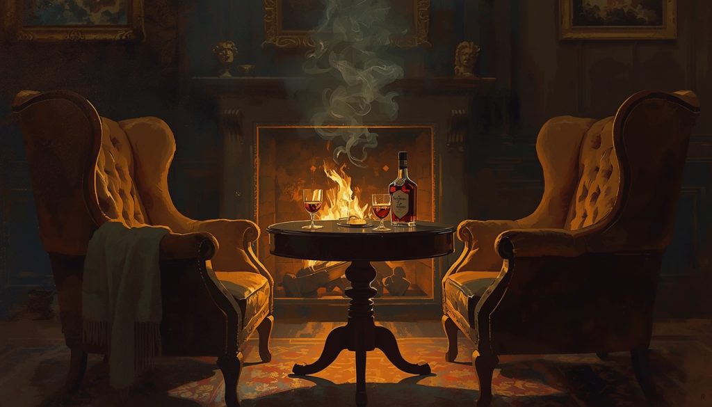Original fan art of a shilling standing on edge beside cognac in a gentlemen's club