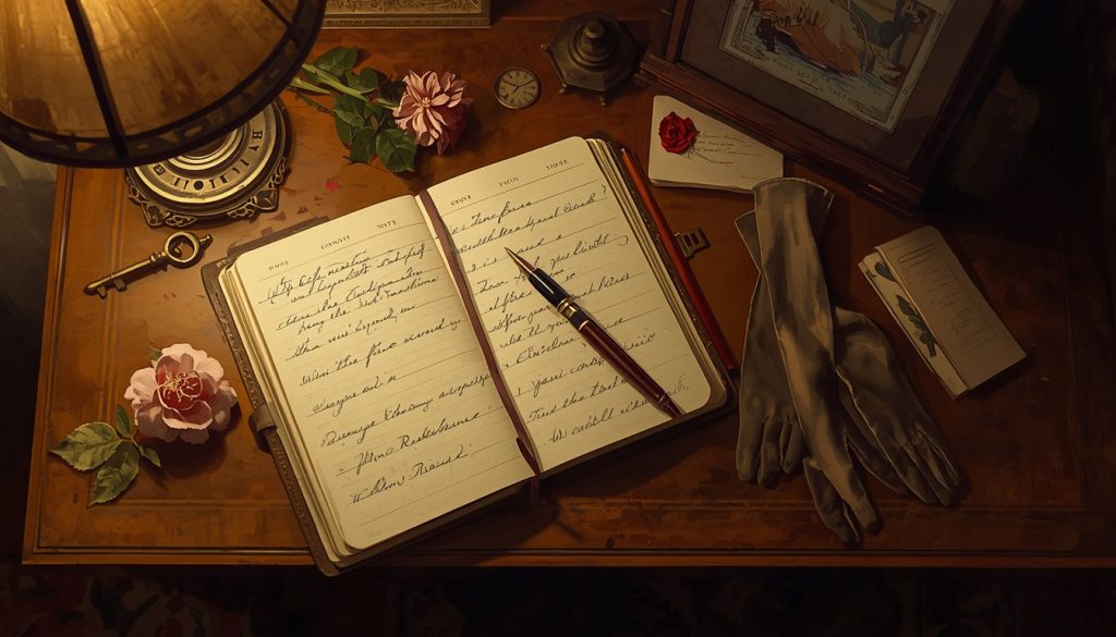 Original fan art of a Regency lady's writing desk with a diary and gloves arranged with precision