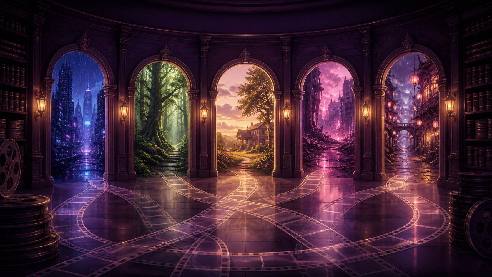 Original animated movie library artwork showing five cinematic worlds connected through a film archive