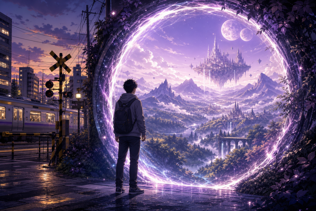 A modern traveler faces a glowing portal between a Japanese city and a lavender fantasy world