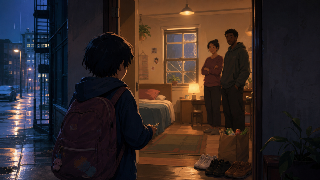 A school-age child holding a key pauses outside a warm apartment where two caring neighbors have prepared a safe room and groceries