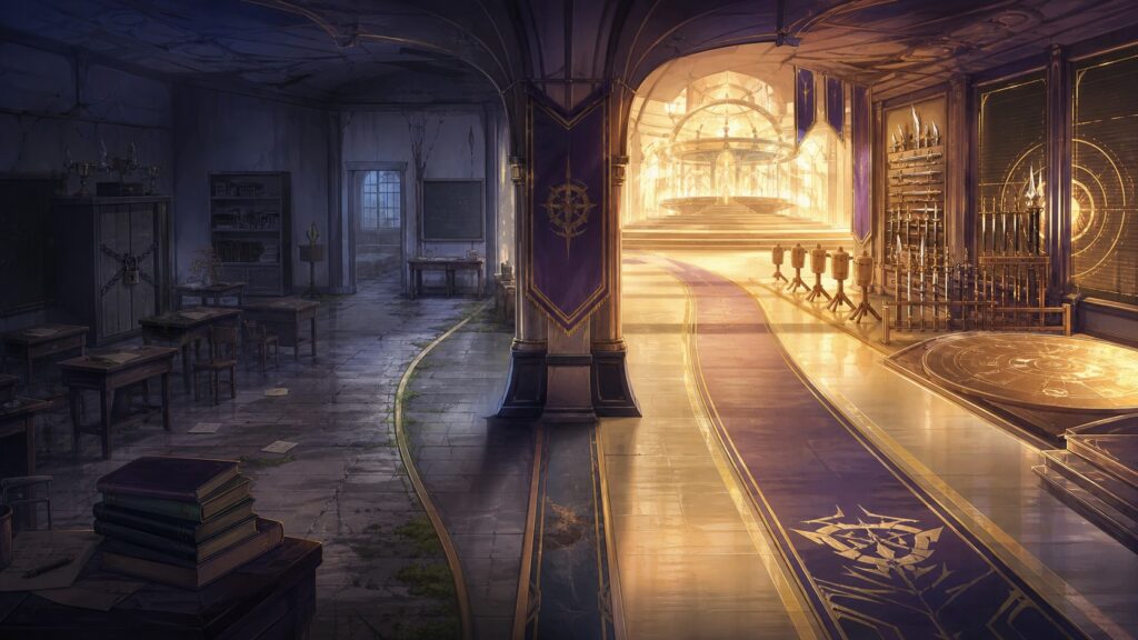 Fantasy combat academy with a bright battle track beside a neglected classroom and locked care spaces