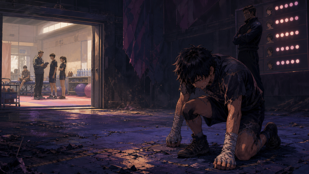Exhausted anime trainee kneels in a damaged arena while a humane training room offers medical support and safer coaching nearby