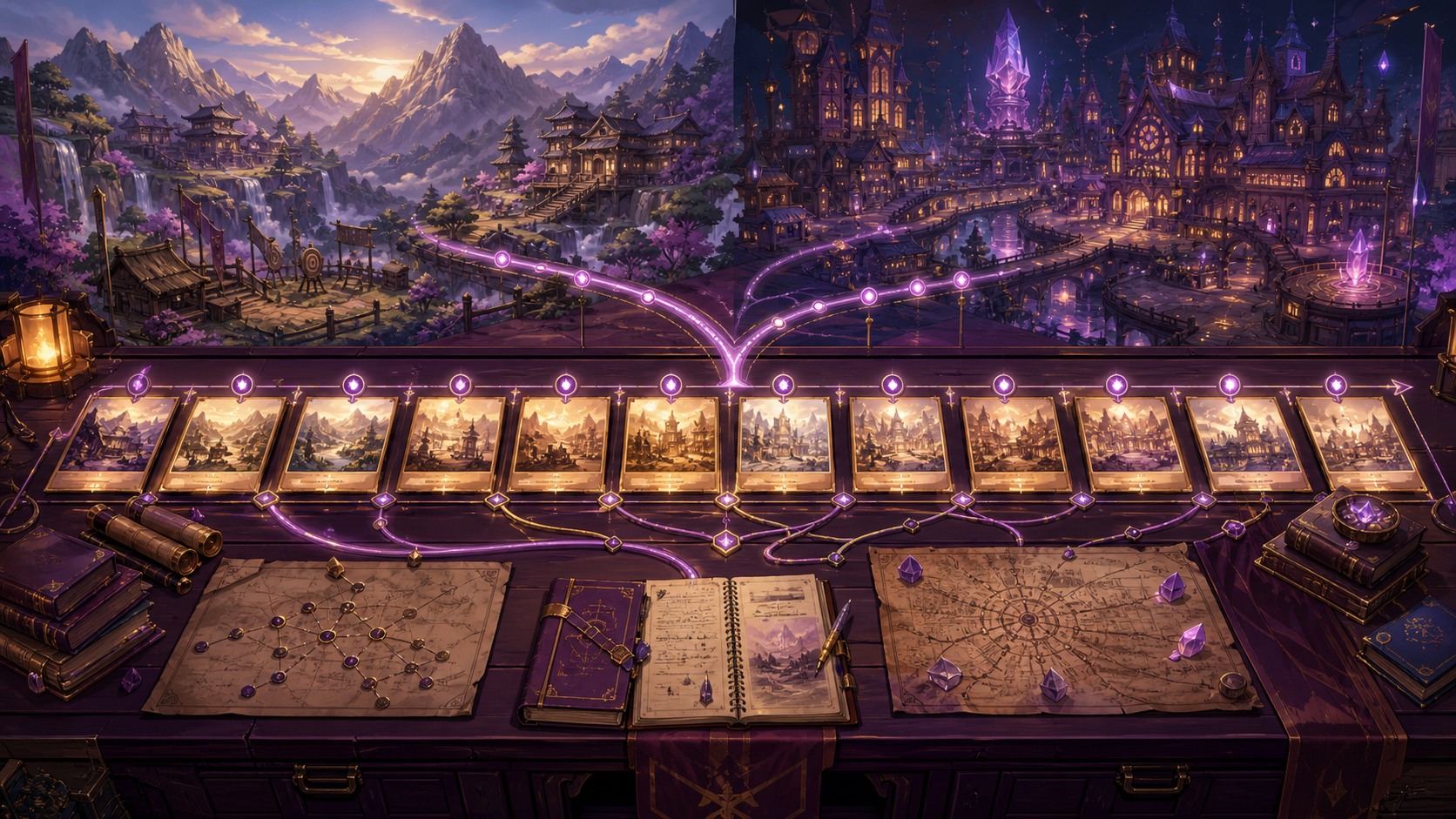 Original episode recap library artwork showing a glowing timeline connecting two animated story worlds