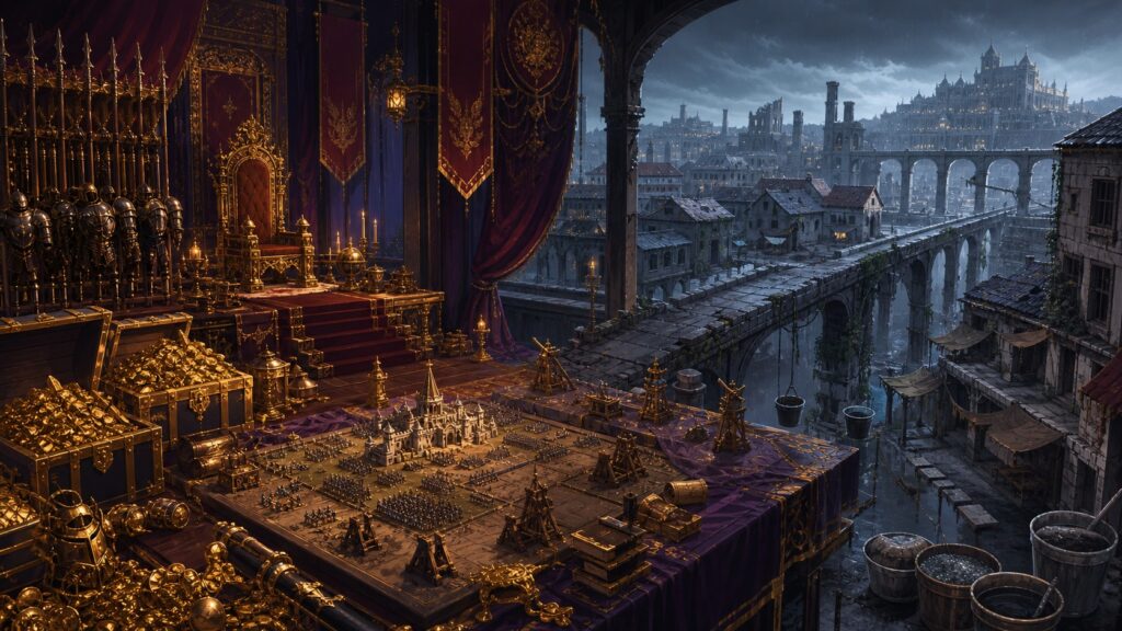 Fantasy kingdom war treasury beside a neglected city, broken bridge, and public water system