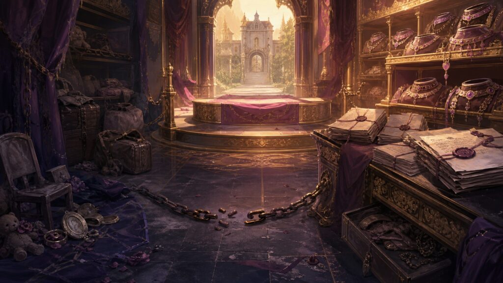 Luxury fantasy market with jeweled ownership collars, sealed contracts, confiscated belongings, and a snapped chain